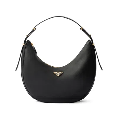 Prada Large Logo-plaque Leather Shoulder Bag In Black