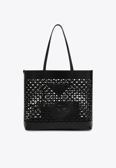 Prada Large Perforated Leather Tote Bag In Black