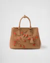 Prada Large  Galleria Leather Bag With Floral Appliqués In Natural/orange