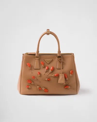 Prada Large  Galleria Leather Bag With Floral Appliqués In Natural/orange