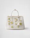 Prada Large  Galleria Leather Bag With Floral Appliqués In White/pineapple Yellow