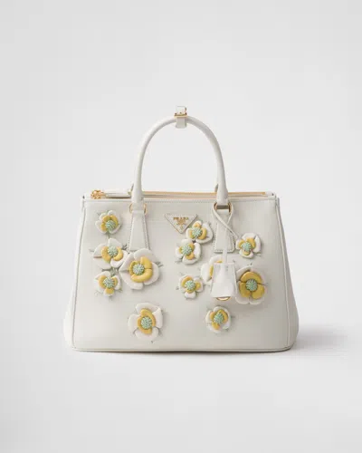 Prada Large  Galleria Leather Bag With Floral Appliqués In White/pineapple Yellow