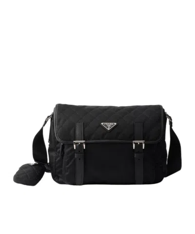 Prada Large Quilted Re-nylon Shoulder Bag With Saffiano Trim In Black