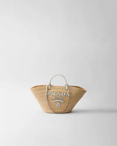 Prada Large Raffia And Leather Shopping Bag In Tan/white