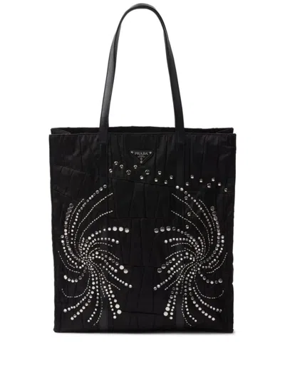 Prada Patch Embroidered Quilted Tote Bag In Black