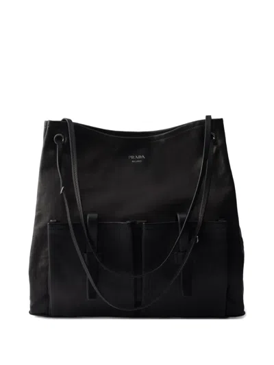 Prada Large Route Leather Tote Bag In Black