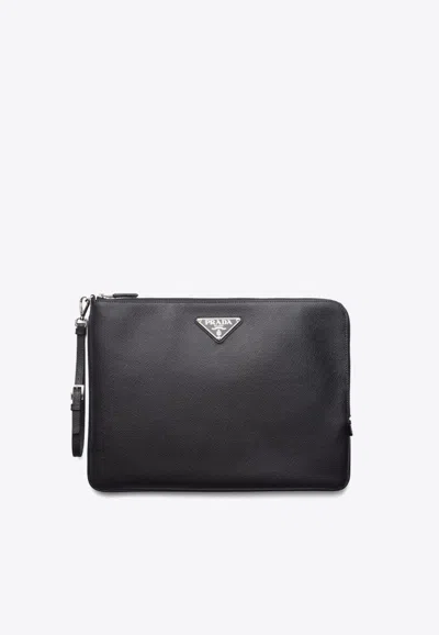 PRADA LARGE SAFFIANO LEATHER POUCH