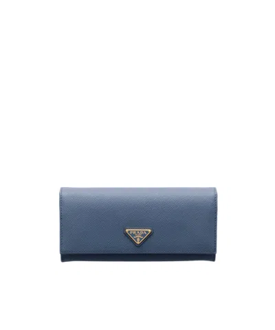 Prada Large Saffiano Leather Wallet In Blue