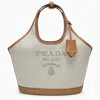 PRADA PRADA LARGE SHOPPING BAG IN LINEN AND LEATHER BLEND WITH LOGO WOMEN