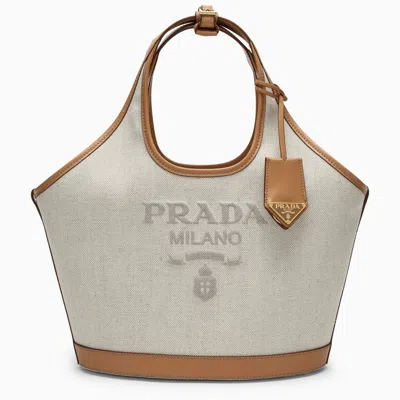 Prada Large Shopping Bag In Linen And Leather Blend With Logo In Cream