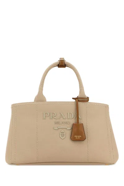 Prada Large Shopping Handbag In Canvas With Calf Leather Details In Blue