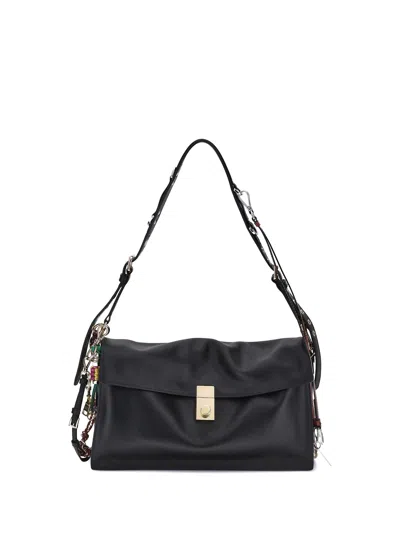 Prada Soft Sound Large Leather Shoulder Bag With Charms In Black