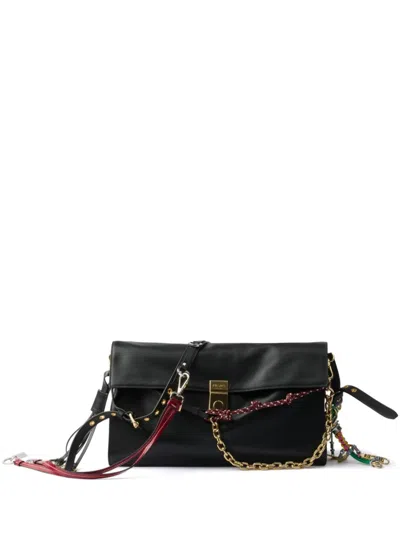 Prada Soft Sound Large Leather Shoulder Bag With Charms In Black