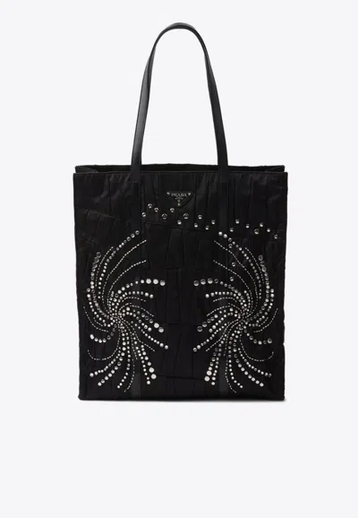 Prada Patch Embroidered Quilted Tote Bag In Black