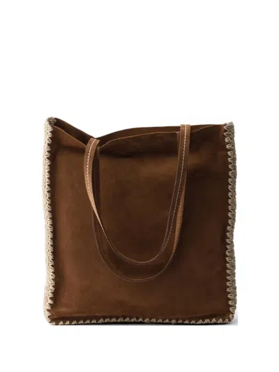 Prada Large Suede And Crochet Tote Bag In Brown