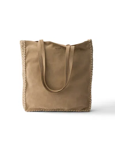 Prada Large Suede And Crochet Tote Bag In Neutral