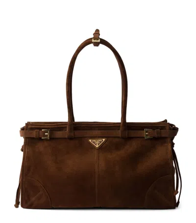 Prada Large Suede Buckled Bonnie Tote Bag In Brown