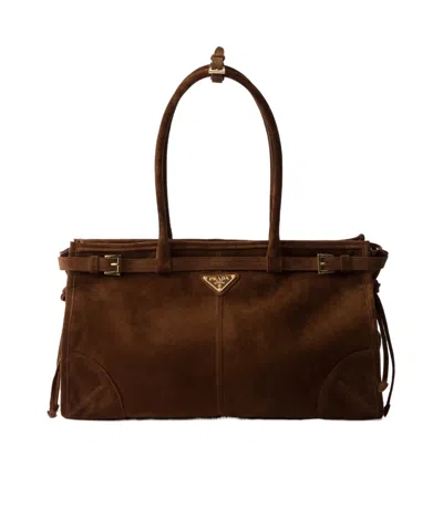 Prada Large Suede Handbag In Cocoa Brown
