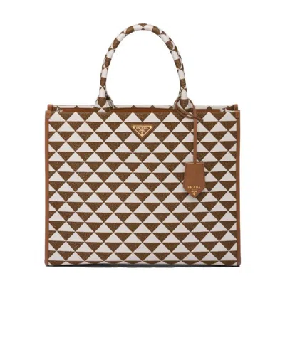 Prada Large Symbole Jacquard Tote Bag In Brown