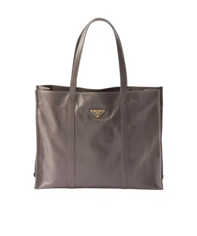 Prada Large Leather Tote Bag In Pewter
