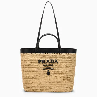 Prada Large Tote In Raffia And Black Leather With Logo In Pink