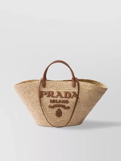 Prada Large Woven Raffia Tote Bag With Leather Trim In Brown