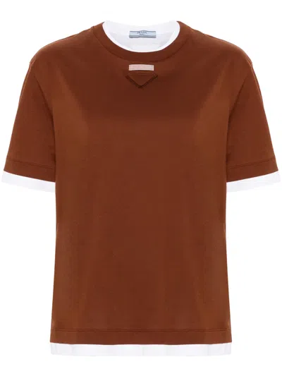 Prada Layered Cotton T Shirt In Brown