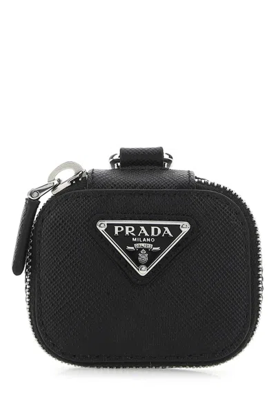 Prada Leather Airpods Case With Silver-tone Hardware In Black