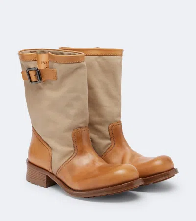 Prada Leather And Canvas Biker Boots In Brown