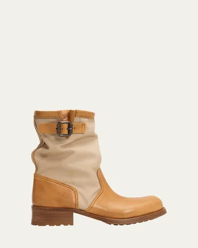 Prada Leather And Canvas Biker Mid-calf Boots In Brown
