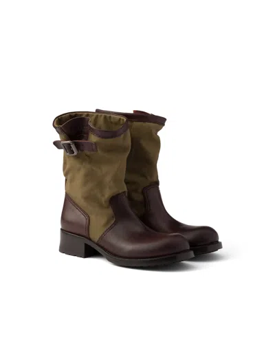 Prada Stiefel Aus Leder Und Canvas In Brown