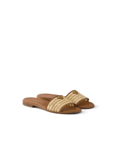 Prada Leather And Crochet Slides In Brown