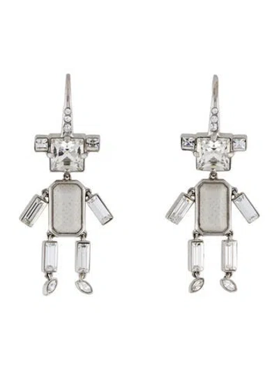 Pre-owned Prada Leather & Crystal Drop Earrings In White