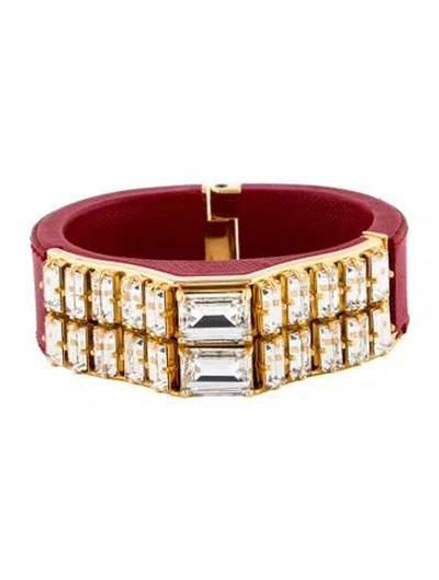 Pre-owned Prada Leather & Crystal Hinged Bangle Bracelet, 6.75" In Clear/red