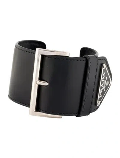 Pre-owned Prada Leather & Enamel Buckle Bicep Cuff, 8.5" In Black
