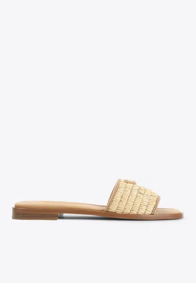 Prada Beige Raffia And Leather Slippers In Neutral