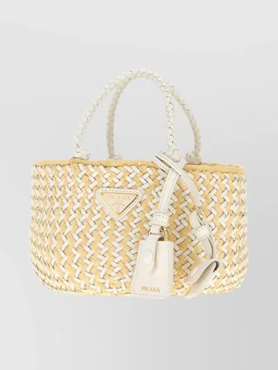 Prada Leather And Raffia Shoulder Bag In Neutral