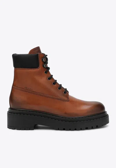 Prada Cognac-coloured Ankle Boots In Leather And Re-nylon