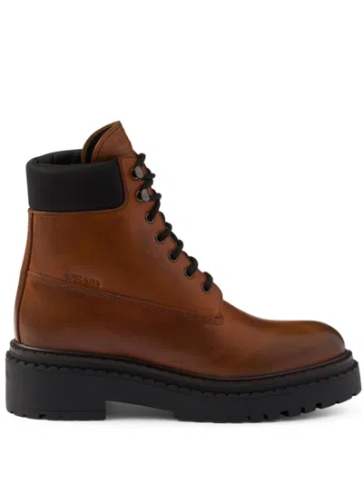 Prada Stiefeletten Aus Leder Und Re-nylon In Brown