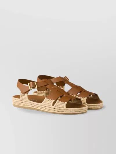 Prada Leather And Woven Raffia Sandals