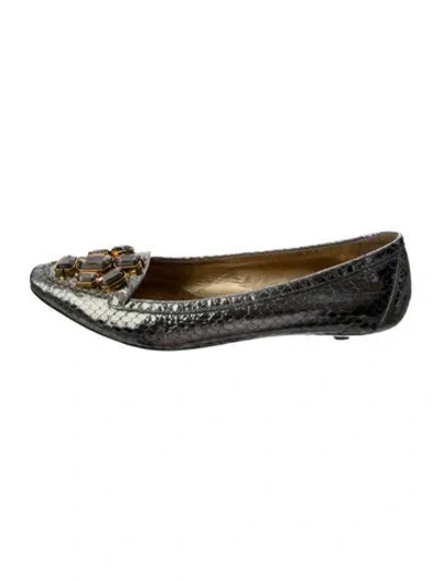 Pre-owned Prada Leather Animal Print Flats In Silver
