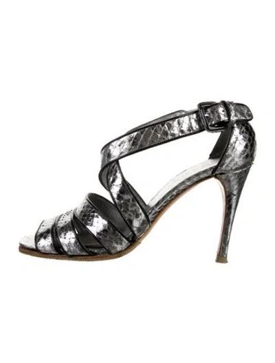 Pre-owned Prada Leather Animal Print Slingback Sandals In Silver