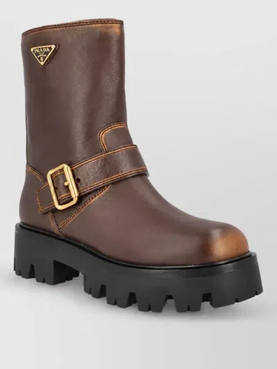 Prada Leather Ankle Boots In Brown