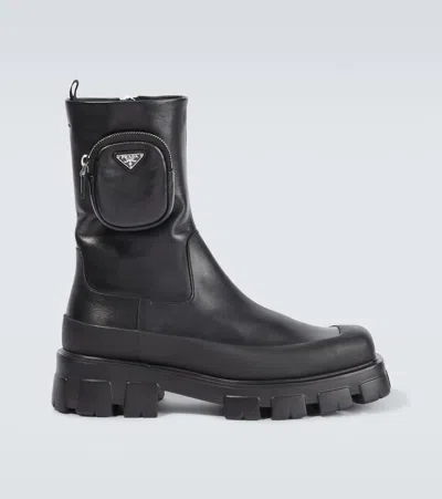 Prada Leather Ankle Boots In Black