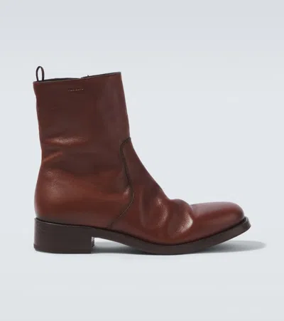 Prada Leather Ankle Boots In Brown