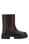Prada Leather Ankle Boots Chunky Heel Round Toe In Brown