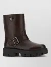 Prada Leather Ankle Boots Chunky Heel Round Toe In Brown