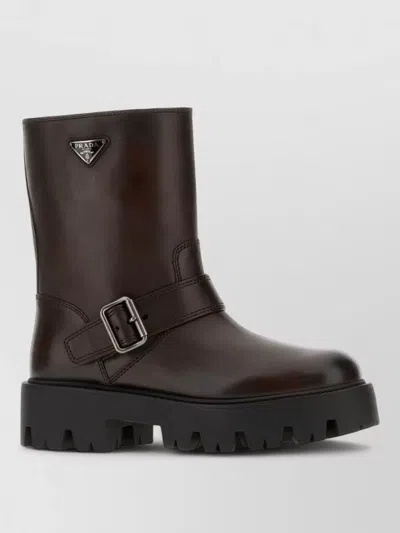 Prada Leather Ankle Boots Chunky Heel Round Toe In Brown
