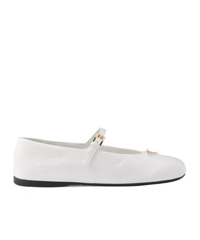 Prada Leather Ballerinas With Round Toe And Buckle Detail In White