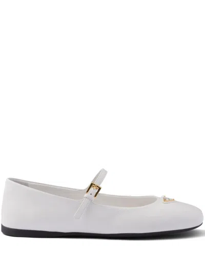 Prada Leather Ballerinas With Round Toe And Buckle Detail In White
